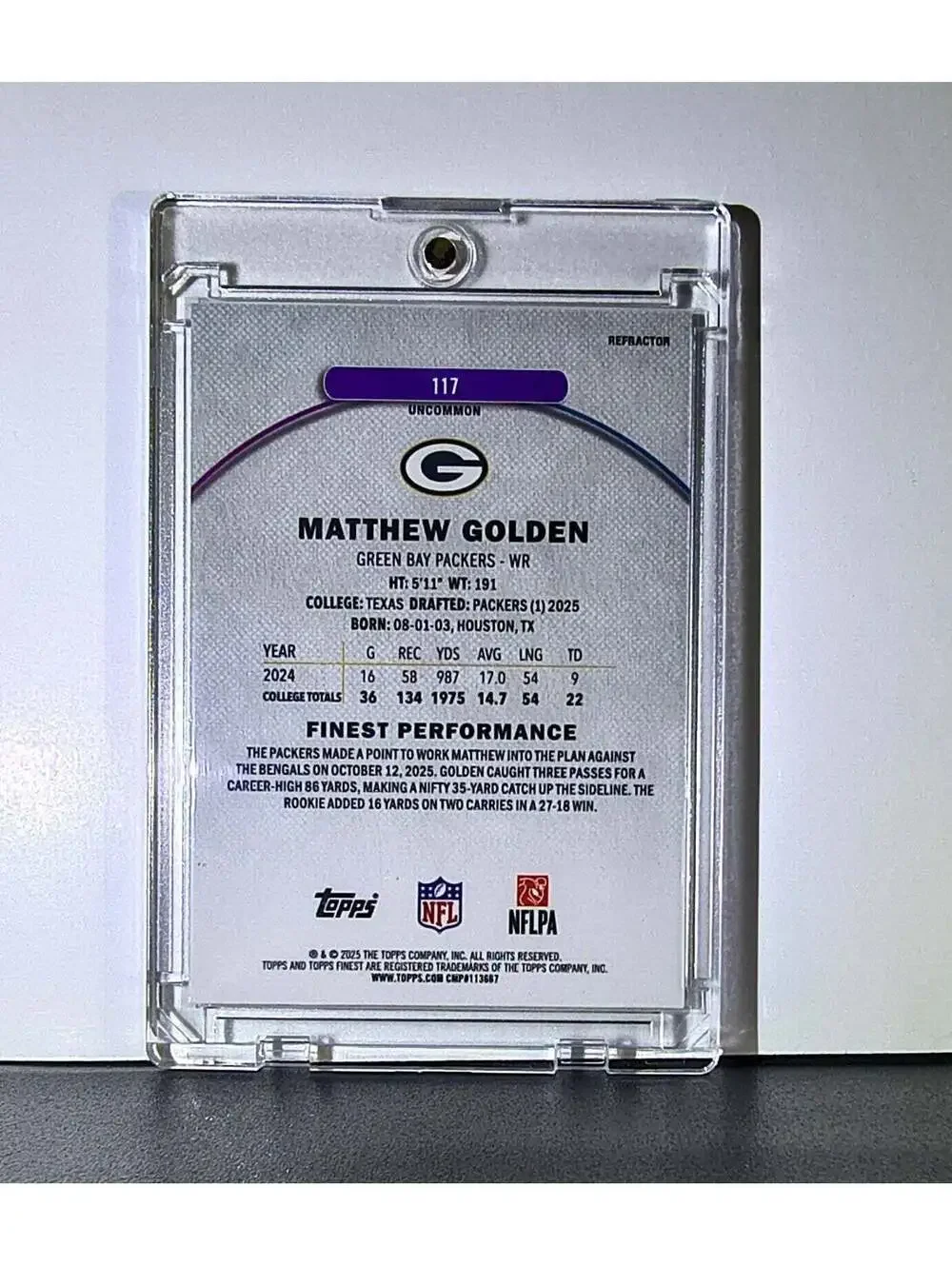 Matthew Golden Rookie 2025 Topps Finest NFL #117 Refractor Green Bay Packers